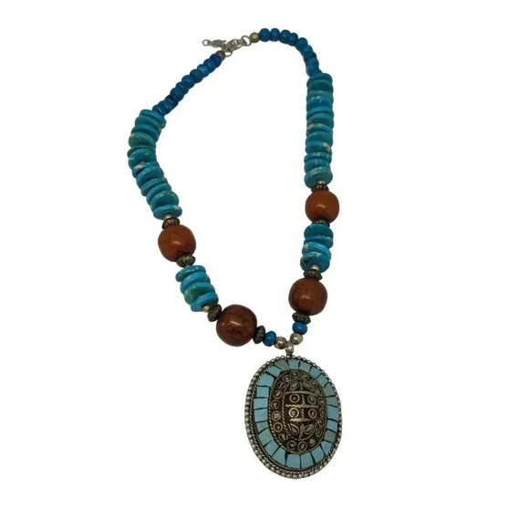 Chunky Wood Metal Bead Tirbal Pendant Necklace Princess Length - Picture 4 of 7